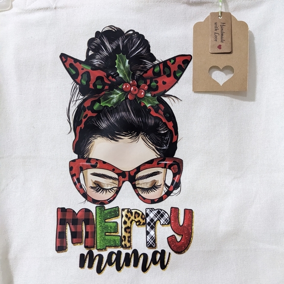 Cotton Tote Merry Mama Hair Bun Christmas Bag HANDCRAFTED NEW - Picture 7 of 9